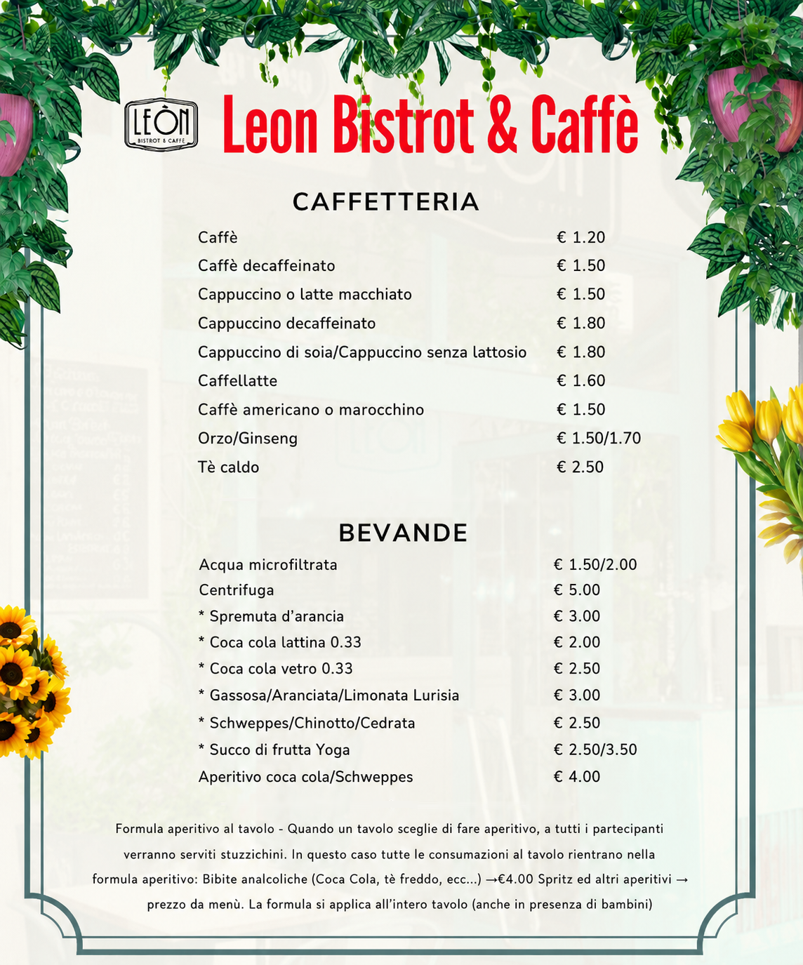 Il Menù del Leon Caffè & Bistrot di Via Albano 66 a Roma