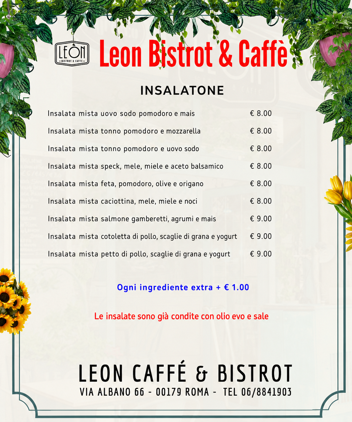 Menù delle insalatone di Leon Caffè & Bistrot con salmone, pollo, tonno, feta, gamberi e ingredienti freschi a Roma.